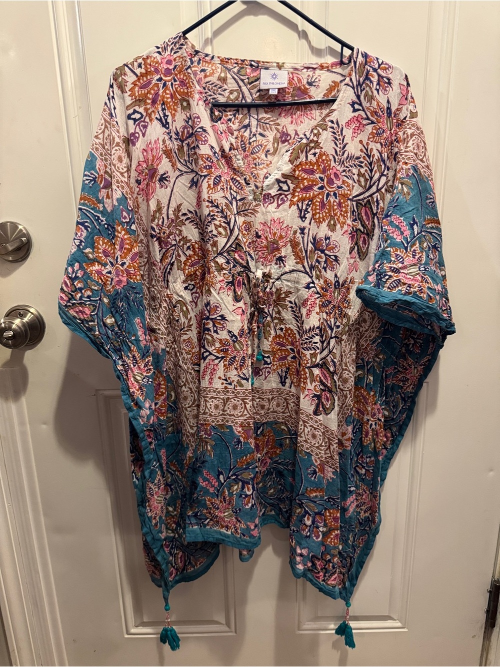 Pax Philomena Pink Blue Floral Kaftan Tassel Tie V-Neck Swim Coverup Tunic $215